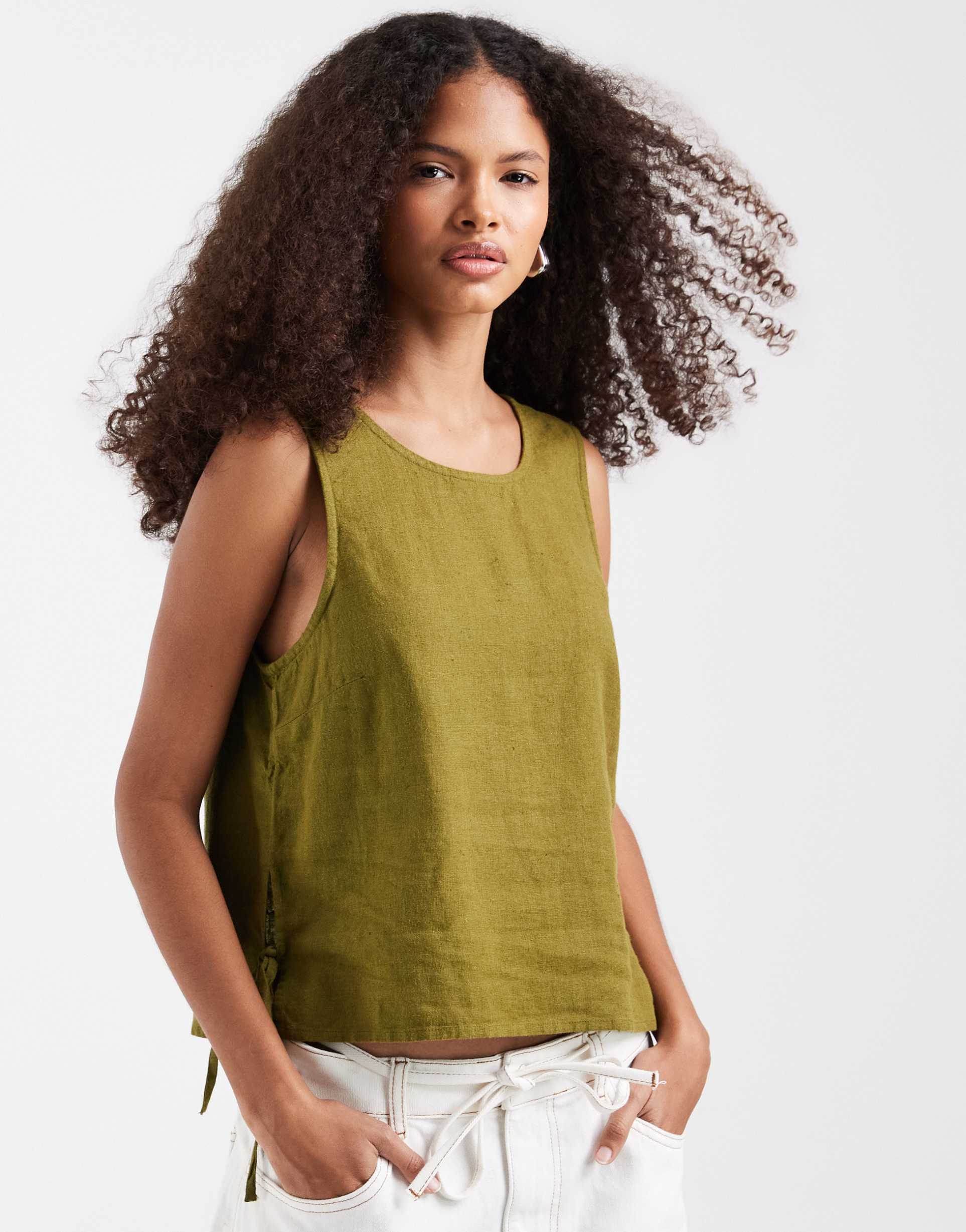 river island linen blend tank in khaki