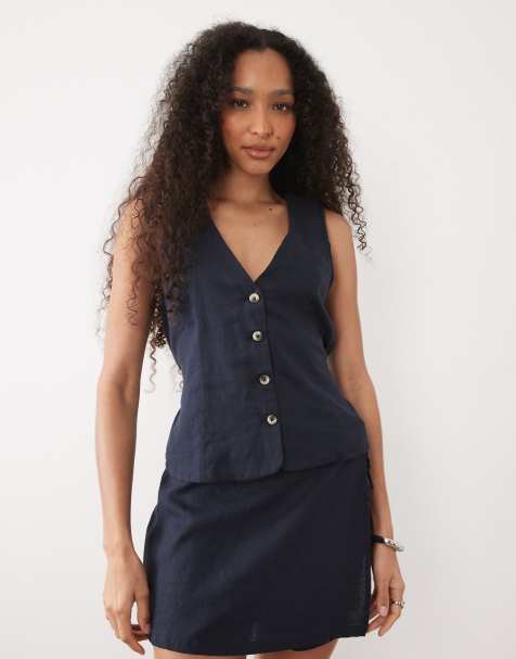 River Island linen blend waistcoat in navy - view 1