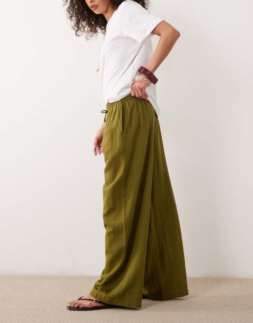 River Island linen blend wide leg pants in khaki, 2 of 5