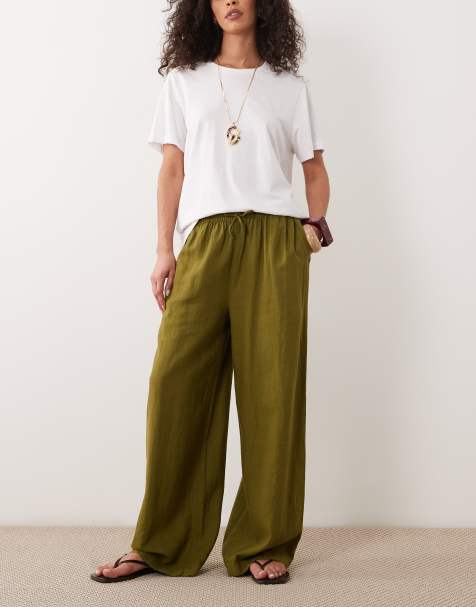 River Island linen blend wide leg trousers in khaki - view 1