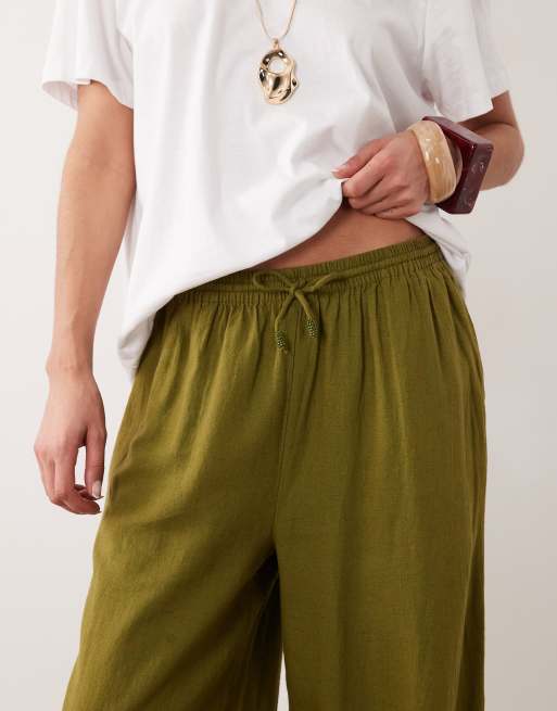 River Island linen blend wide leg trousers in khaki, 3 of 5