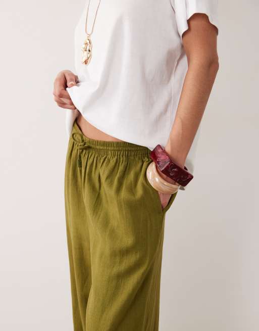 River Island linen blend wide leg trousers in khaki, 4 of 5