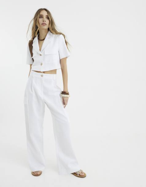 River Island Linen blend wide leg trousers in white - view 1