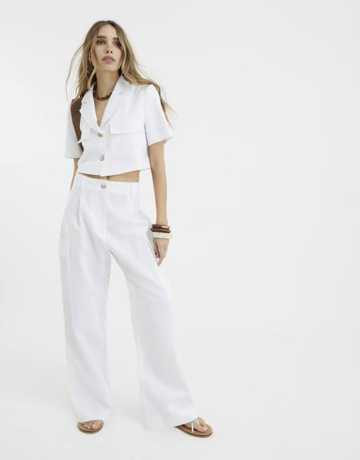 River Island Linen blend wide leg trousers in white