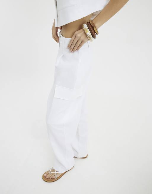 River Island Linen blend wide leg trousers in white ASOS