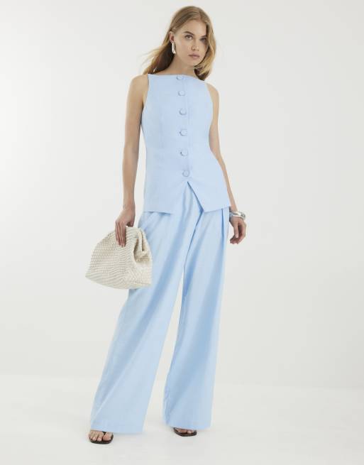 River Island Linen blend wide leg trousers  Square neck strappy waistcoat in blue