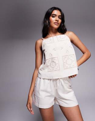 River Island linen broderie tank top in light beige-Neutral