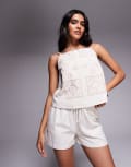 [River Island] River Island linen broderie tank top in light beige-Neutral 16 Light Beige