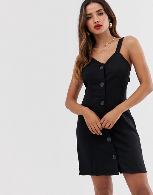 River Island linen cami dress with button through in black