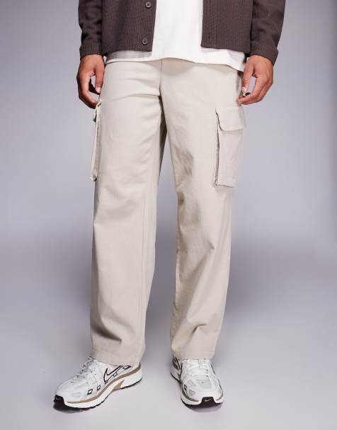 River Island linen cargo pants in stone - view 1