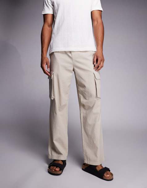 River Island linen cargo trousers in stone - view 1