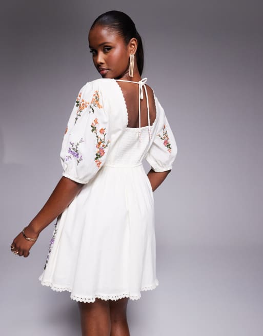 River Island linen embroidered mini dress in white | ASOS