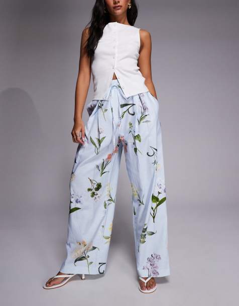 River Island linen floral wide leg trousers in light blue - view 1