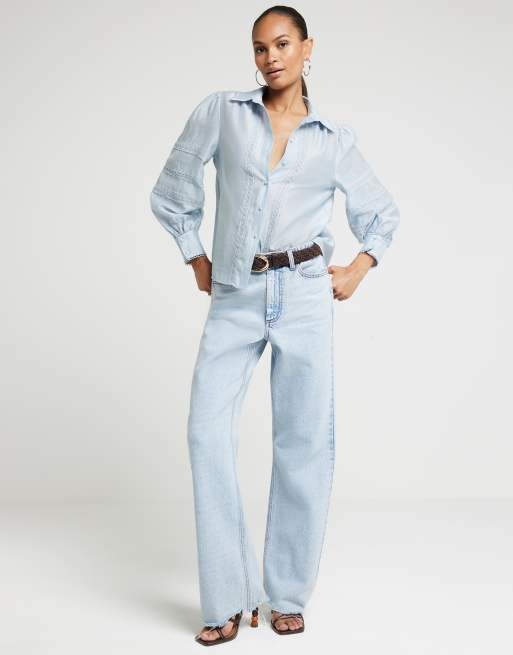 River Island linen lace trim shirt in blue