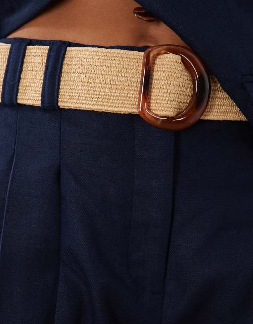 River Island linen look belted shorts in navy, 4 of 5