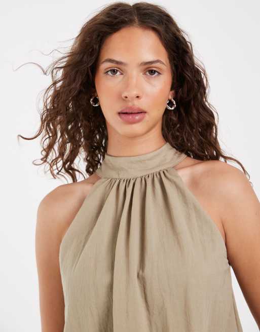 River Island linen look bubble top in khaki , 3 of 4