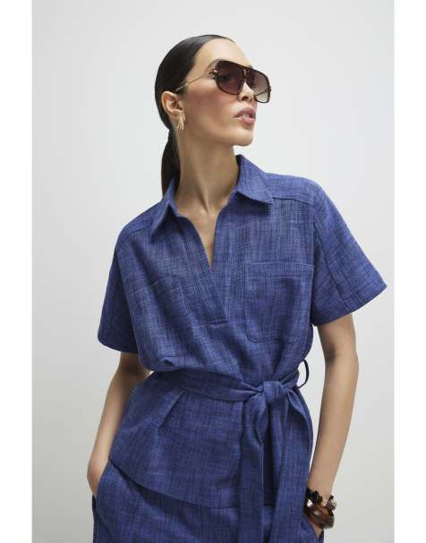 River Island Linen look collared belted top in navy - view 1