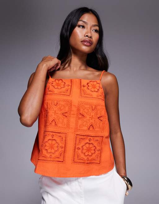 River Island linen-look eyelet top in orange
