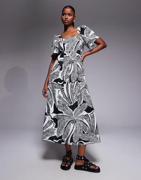 River Island linen look floral pattern midi dress in black  - view 1