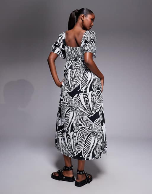 River Island linen look floral pattern midi dress in black , 2 of 4