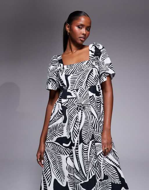 River Island linen look floral pattern midi dress in black | ASOS