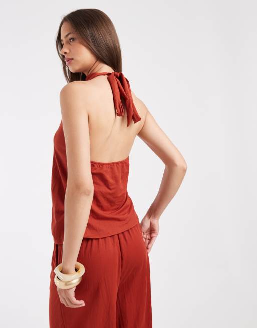 River Island linen look halter neck top co-ord in rust , 4 of 4
