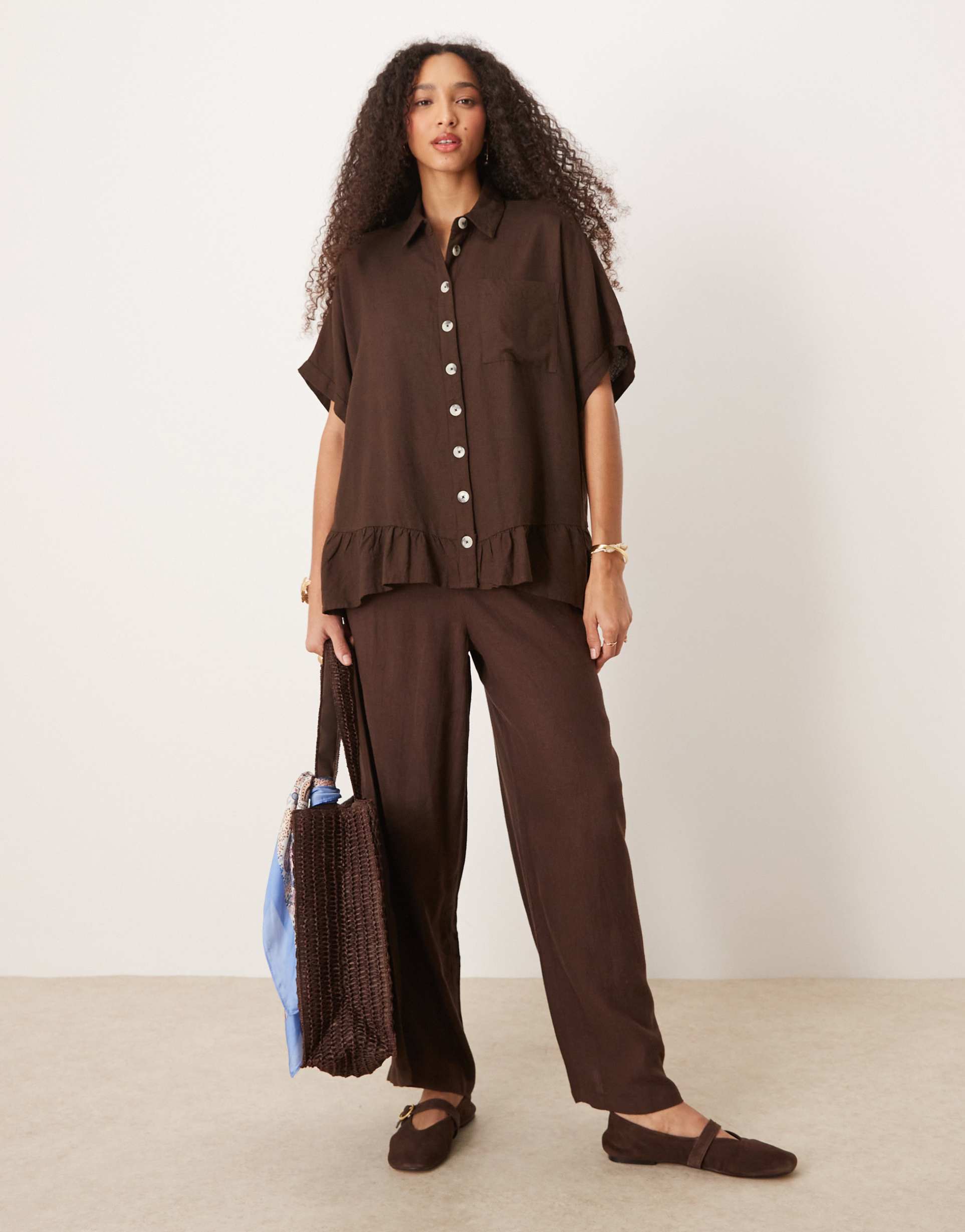 river island linen look pants in dark brown