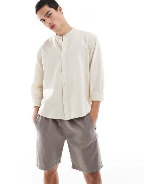 River Island linen look pull on shorts in light brown - view 1