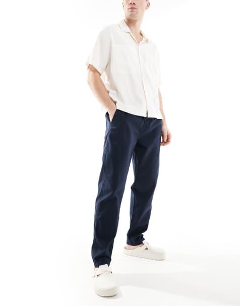 River Island linen look pull on trousers in navy - view 1