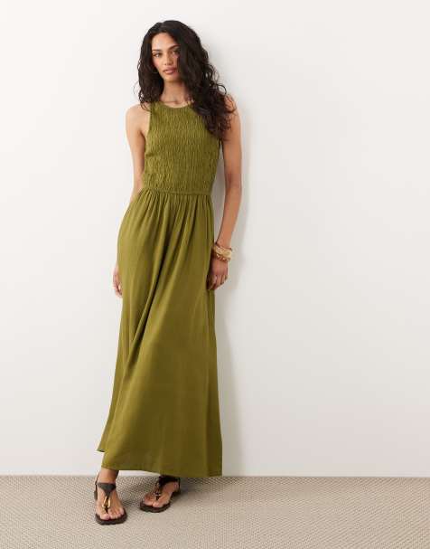 River Island linen look shirred midi dress in khaki - view 1