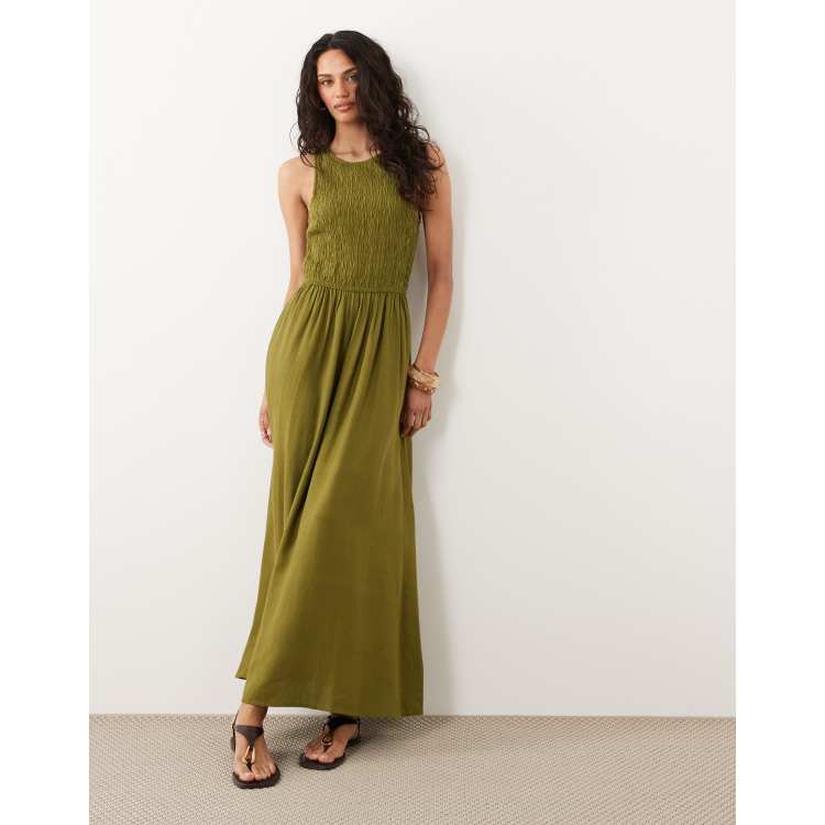 princess polly baby blue dress River Island linen look shirred midi dress in khaki