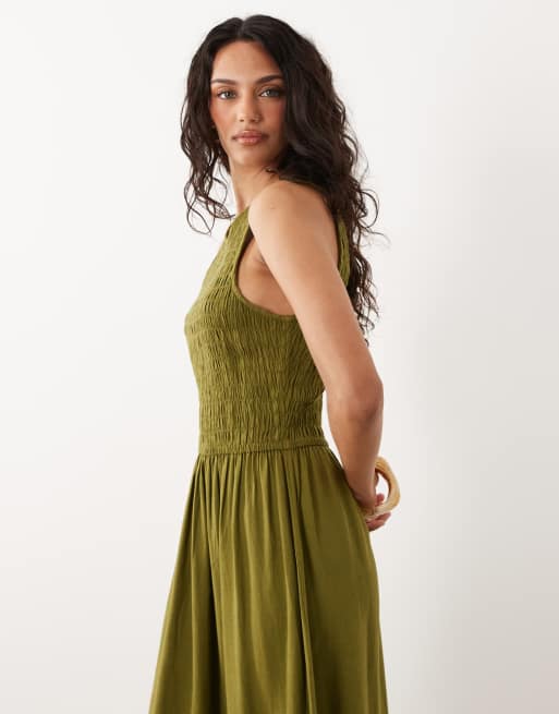 River Island linen look shirred midi dress in khaki, 2 of 4