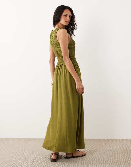 River Island linen look shirred midi dress in khaki, 4 of 4