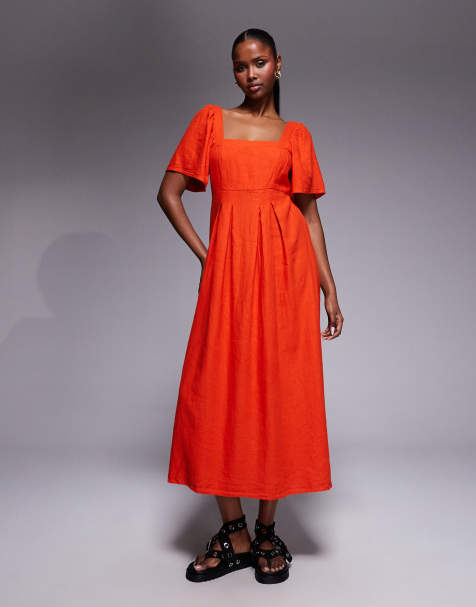 River Island linen look shirred midi dress in red