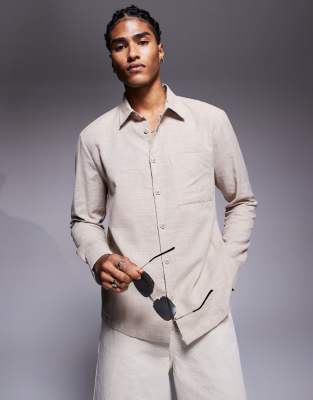 linen look shirt in stone-Neutral