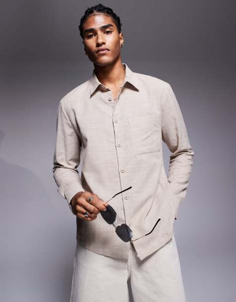 River Island linen look shirt in stone - view 1