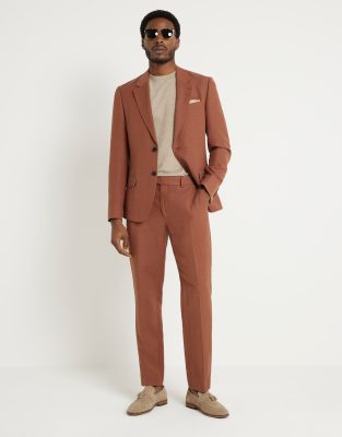 linen look slim suit pants in rust-Orange