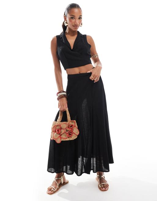 River Island linen midi skirt co ord in black ASOS