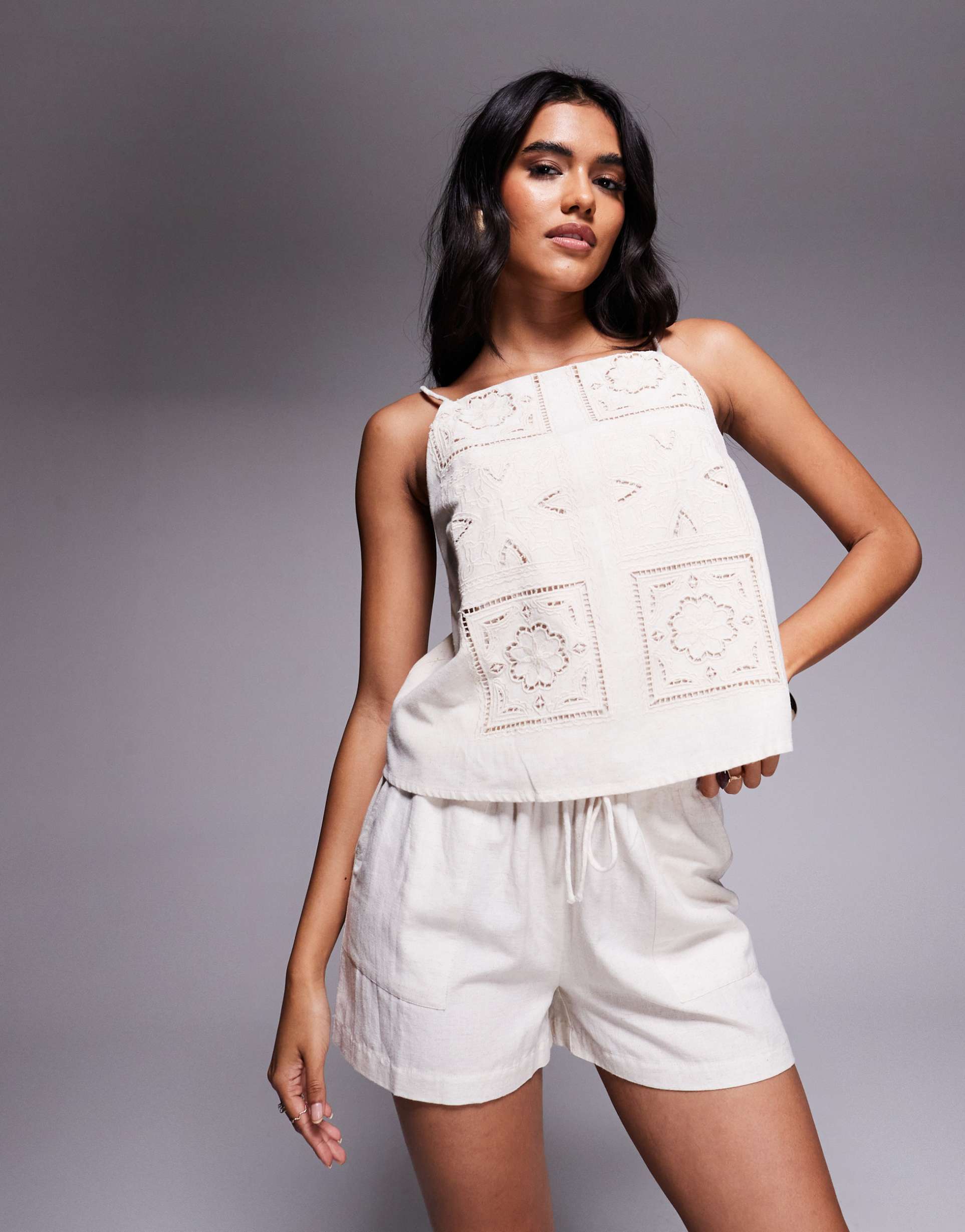 river island linen mix broderie tank top in light beige