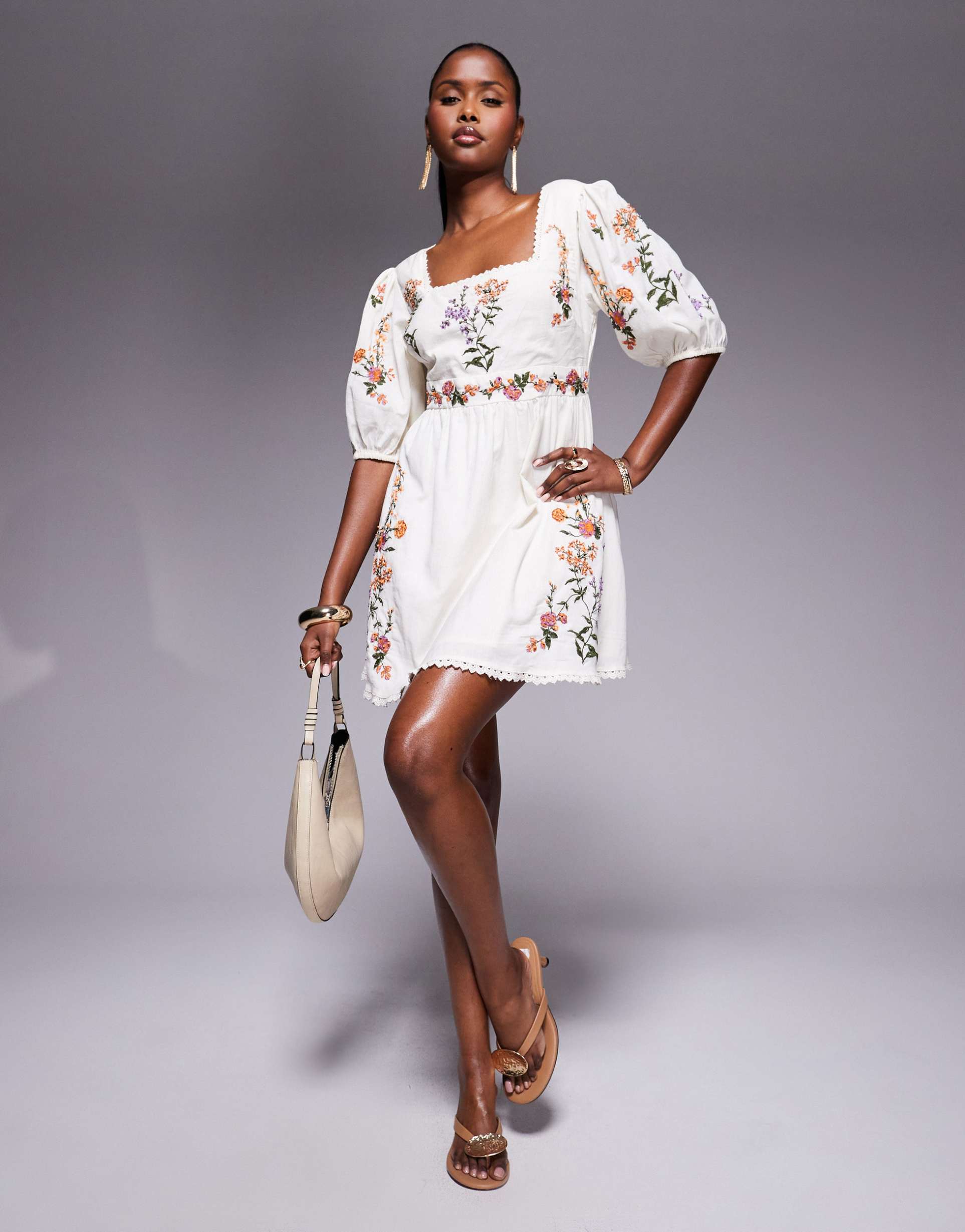 river island linen mix embroidered mini dress in white