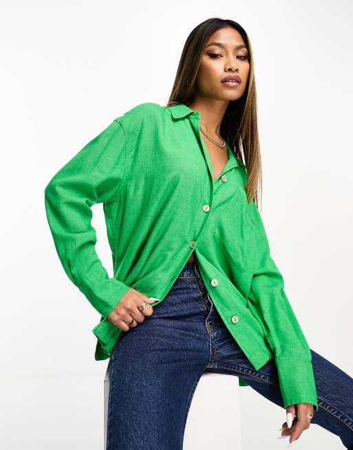 River Island linen oversized shirt in green | ASOS