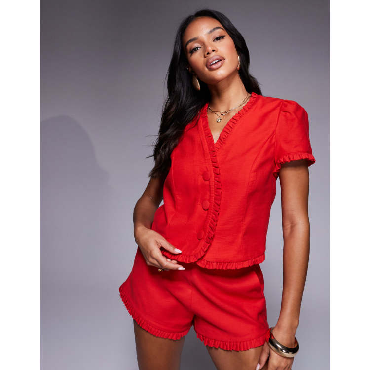 River Island linen ruffle top co-ord in red | ASOS