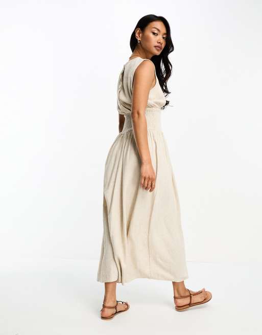 Cream linen store dress with buttons