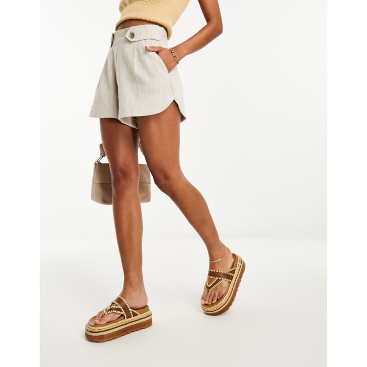 River Island linen shorts with button detail in beige ASOS