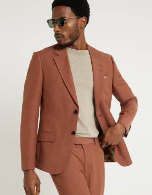 River Island linen slim suit jacket in rust-Orange