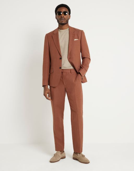 River Island linen slim suit trouser in rust | ASOS