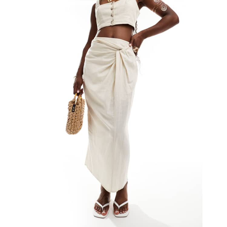 River Island linen wrap pencil skirt in beige | ASOS