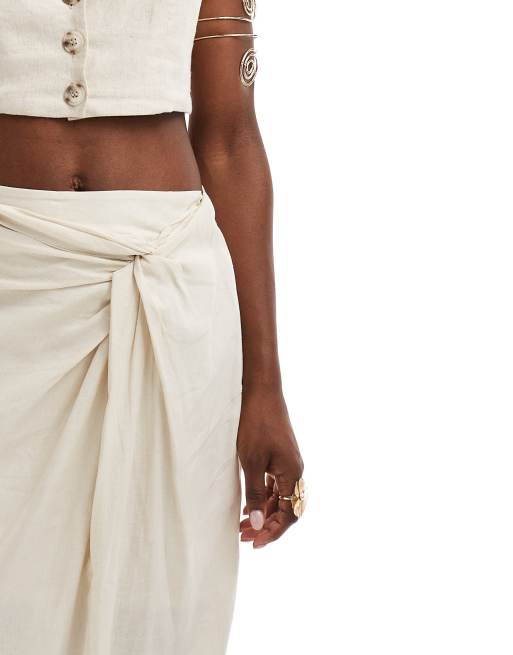 River Island linen wrap pencil skirt in beige | ASOS