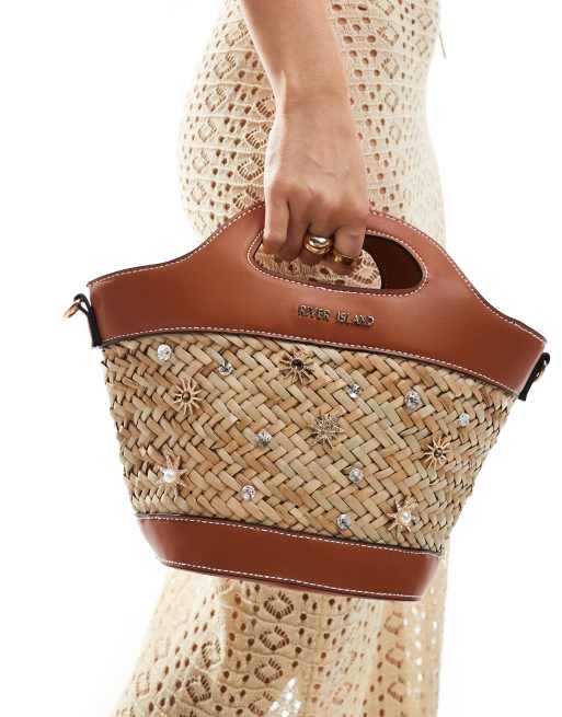 River Island – Ljusbrun korgväska i raffia med utsmyckning, 3 av 4