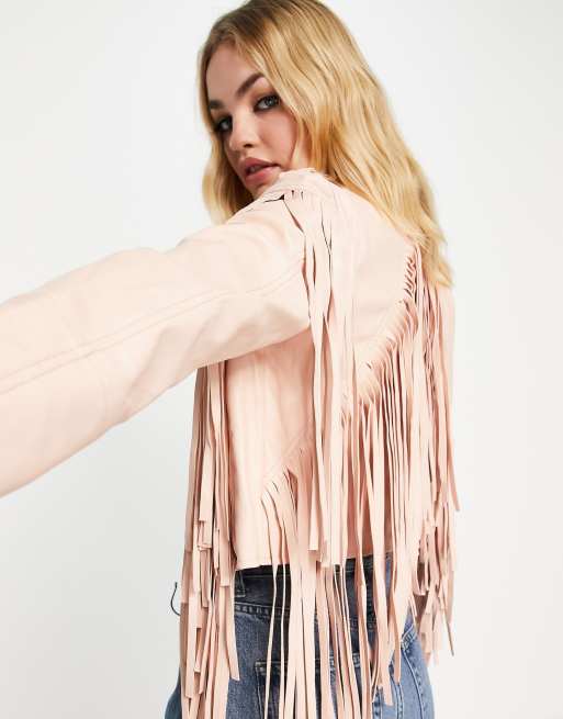 River Island – Ljusrosa kort bikerjacka med fransar, 2 av 4